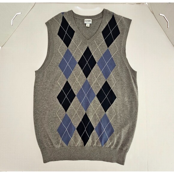 Old Navy Sweater Vest Mens Large Gray Blue Argyle Diamond Pullover Golf Preppy - Picture 1 of 9